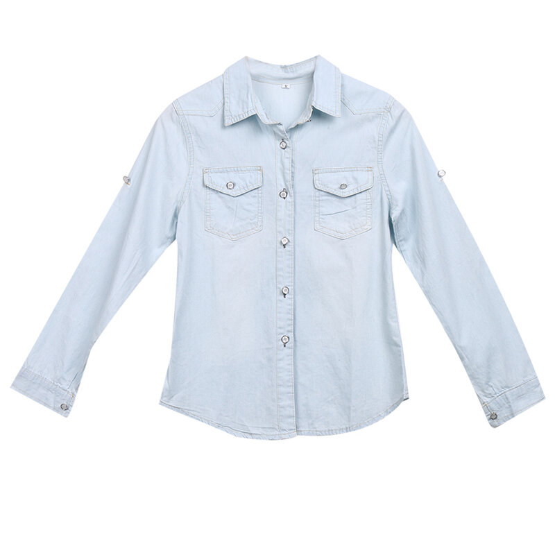Kaus Denim Biru Mode Wanita VS & LLWQ Atasan Campuran Katun Dua Saku Biru Solid Lengan Panjang Kasual Musim Gugur Wanita Anak Perempuan 2020 Baru