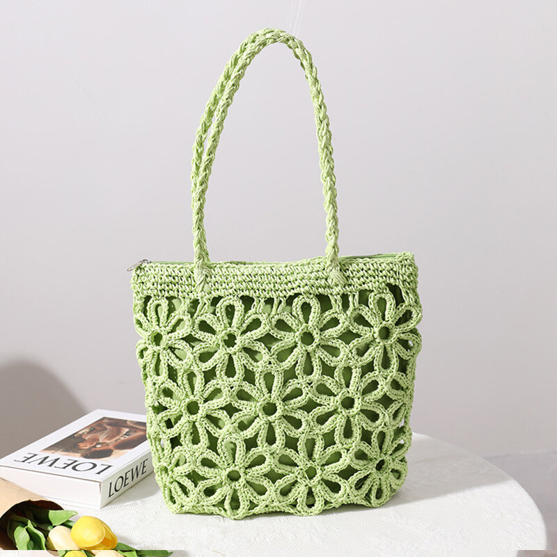 2024 new straw bag hollow flower straw bag woven bag women's shoulder portable seaside vacation beach rattan bag