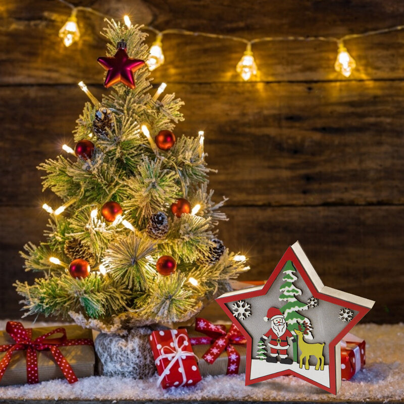Luce a LED ornamenti per alberi di natale stella auto pendenti in legno decorazioni natalizie per la casa regali per bambini artigianato in legno