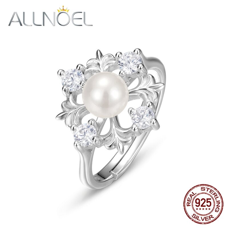ALLNOEL Solid 925 Sterling Silver Snowflake anelli regolabili per le donne Shell Pearl 5A CZ regali di natale eleganti gioielleria raffinata