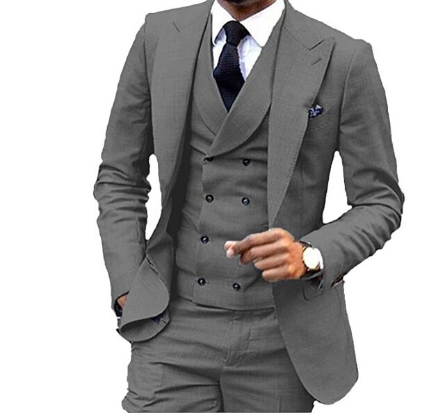 Traje de negocios informal para hombre, Blazer de esmoquin + Pantalones + chaleco, 3 piezas, con solapa negra, doble botonadura, corte entallado