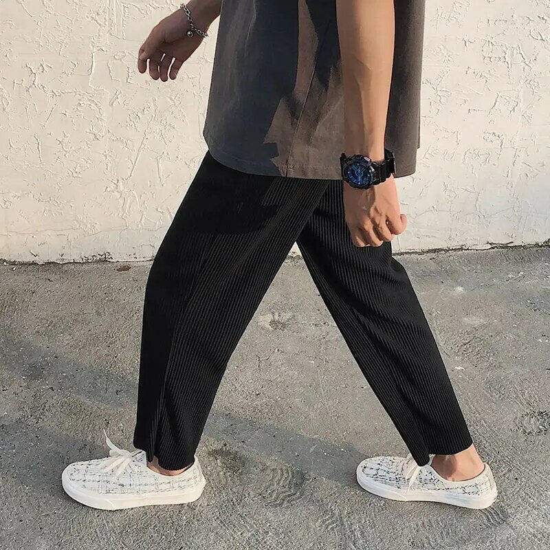 Plisowane proste spodnie męskie oversize casualowe męskie japońska moda uliczna luźne spodnie lodowy jedwab męskie spodnie z szerokimi nogawkami S-2XL