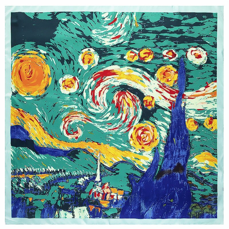 130cm New Van Gogh Starry Sky Oil Painting 2021 Brand Scarf Twill Silk Square Scarf Women Kerchief Shawl Scarves For Ladies