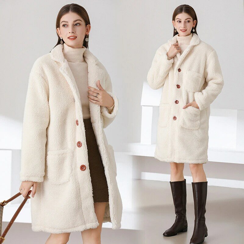 Abrigo de lana de cordero beige para mujer, de longitud media holgado Abrigo acolchado, abrigo cálido de algodón, talla grande, novedad de invierno 2020