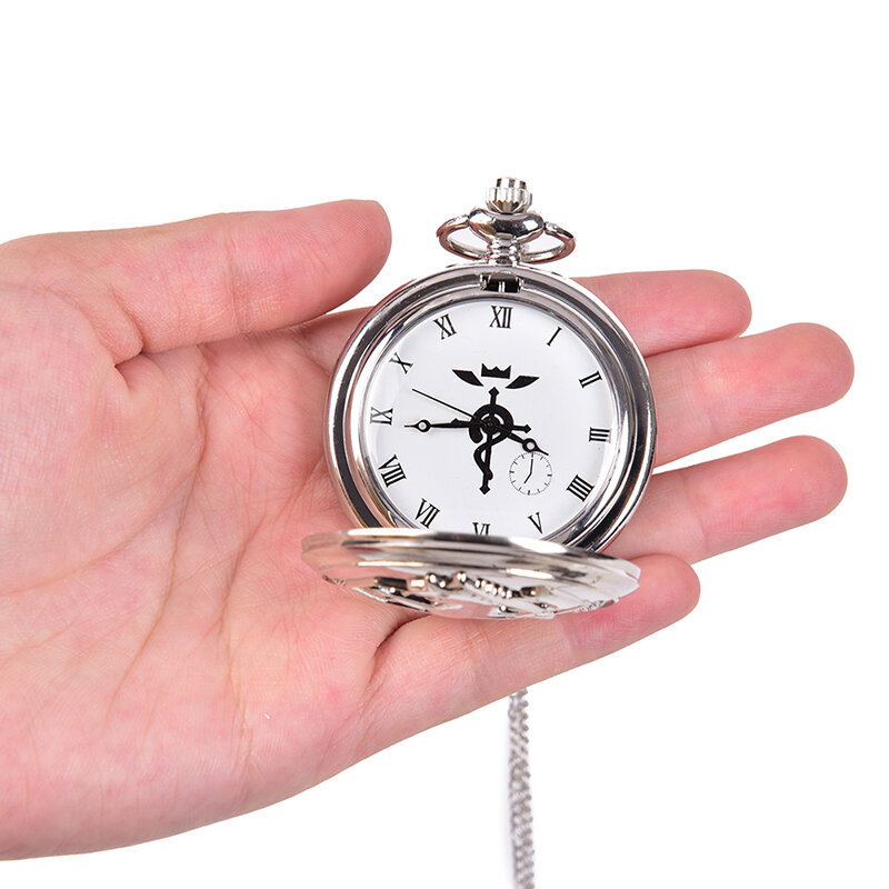 คุณภาพสูงFull Metal Alchemistเงินจี้นาฬิกาMen 'S Quartzพ็อกเก็ตนาฬิกาสร้อยคออะนิเมะญี่ปุ่นเด็ก
