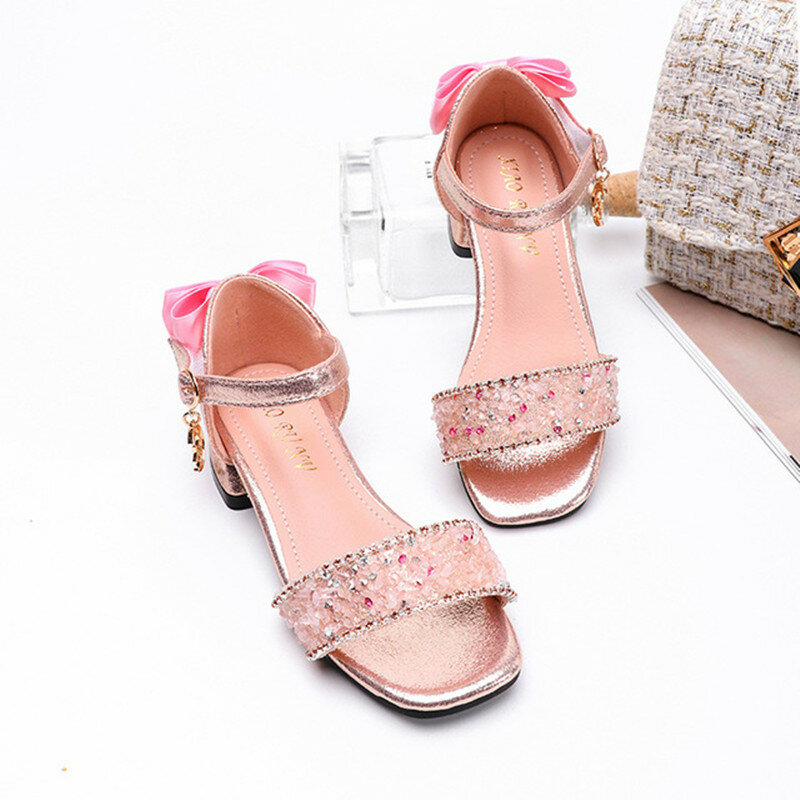 High quality girls thick sandals 2020 new rhinestone princess kids shoes high heel 3-10 year old girl bow hot sale style sandals