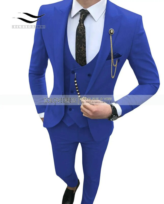 Thời Trang Bộ Đồ Nam Slim Fit 3 Miếng Hứa Tuxedos Đỉnh Cao Lưng Phù Rể Đám Cưới, màu Xám/Bò/Xanh Dương (Áo + Áo Vest + Quần)