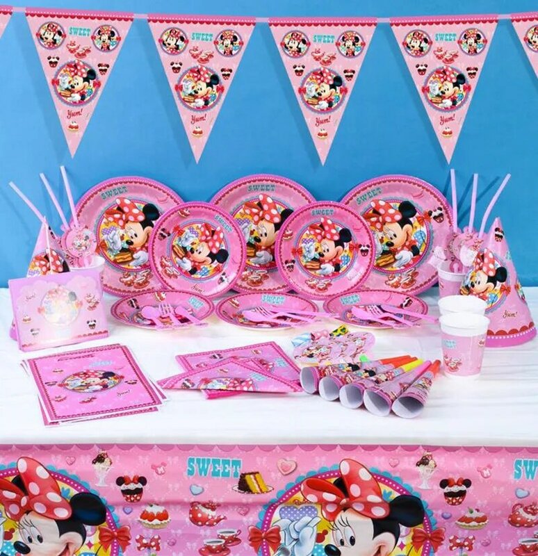 Disney desenhos animados minnie mouse tema festa de aniversário decorações de festa de aniversário crianças descartáveis utensílios de mesa decorações de festa de aniversário suprimentos
