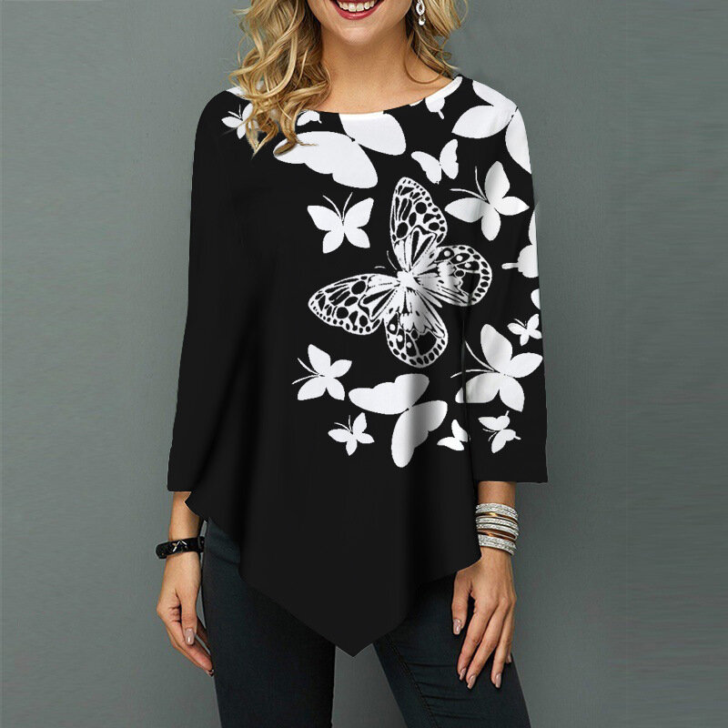 Blusa holgada de manga 3/4 para mujer, camisa con estampado de flores y grafiti, Jersey informal Irregular, ropa de calle para otoño