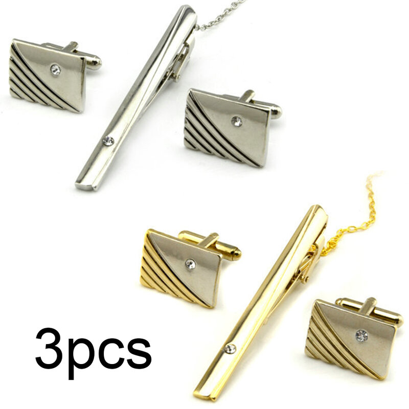 3 Pcs Fashion Tie Clip Curve Stripes Plated Accessories Wedding Gift Metal With Rhinestone Party Clothes Business Cuff Link Set