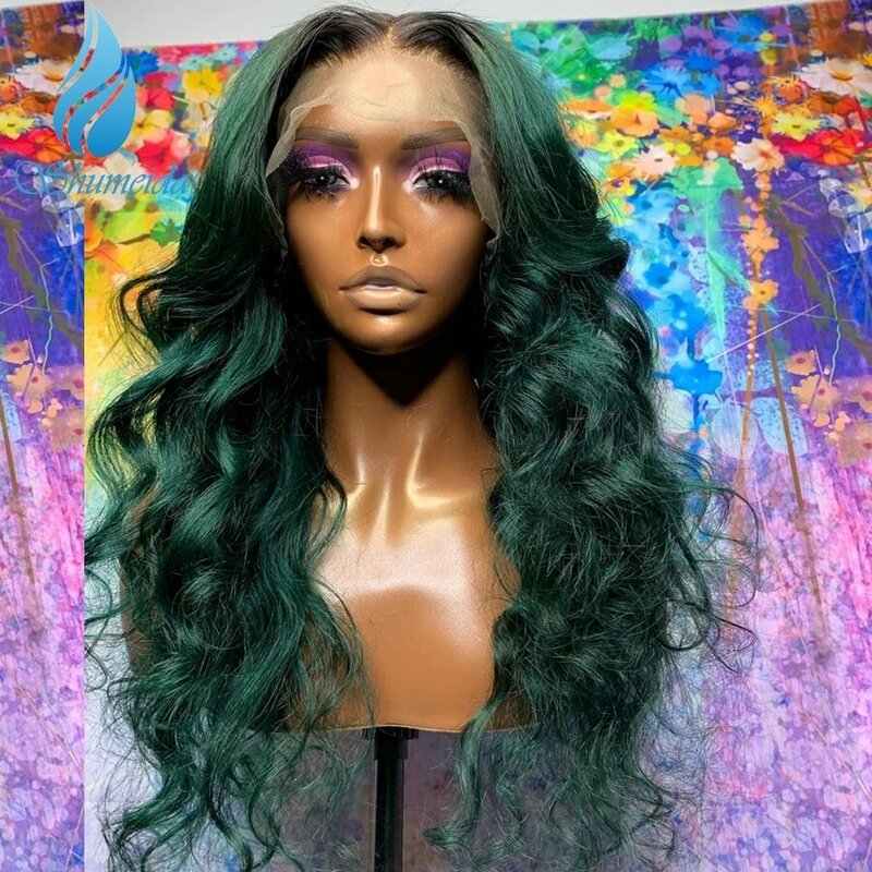 Shumeida Ombre Groene Kleur 13X6 Lace Front Pruiken Brazilian Remy Human Hair Gluelss Pruiken Voor Vrouwen 5X5 Sluiting Pruik Met Baby Haar