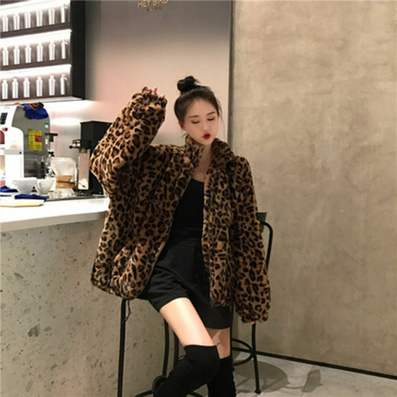 Winter Jas Met Luipaardprint Dames Opstaande Kraag Warme Parka 'S Outwear 2024 Nieuwe Herfst Winter Koreaanse Vrouwelijke Losse Faux Bontjassen