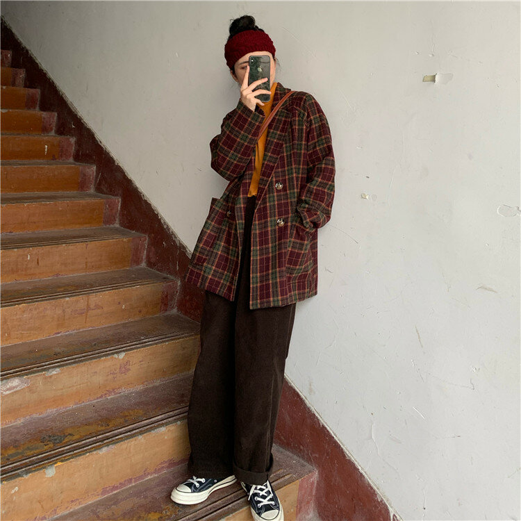 레트로 한국어 격자 무늬 숙녀 블레이저 레드 느슨한 캐주얼 간단한 정장 재킷 세련된 하이 스트리트 봄 가을 여성 의류 MM60NXZ
