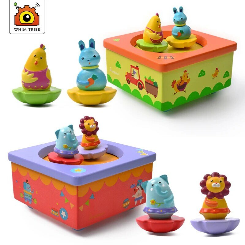 Children's creative rotating animal music box baby lullaby wooden Christmas gift educational musical learning toys for children