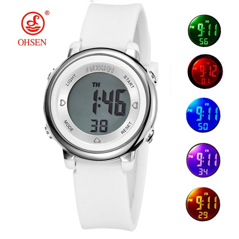 OHSEN กีฬานาฬิกาเด็ก50M กันน้ำสีขาวซิลิโคนนาฬิกาข้อมืออิเล็กทรอนิกส์นาฬิกาจับเวลาเด็กดิจิตอล LED นาฬิกาสำหรับชายหญิง