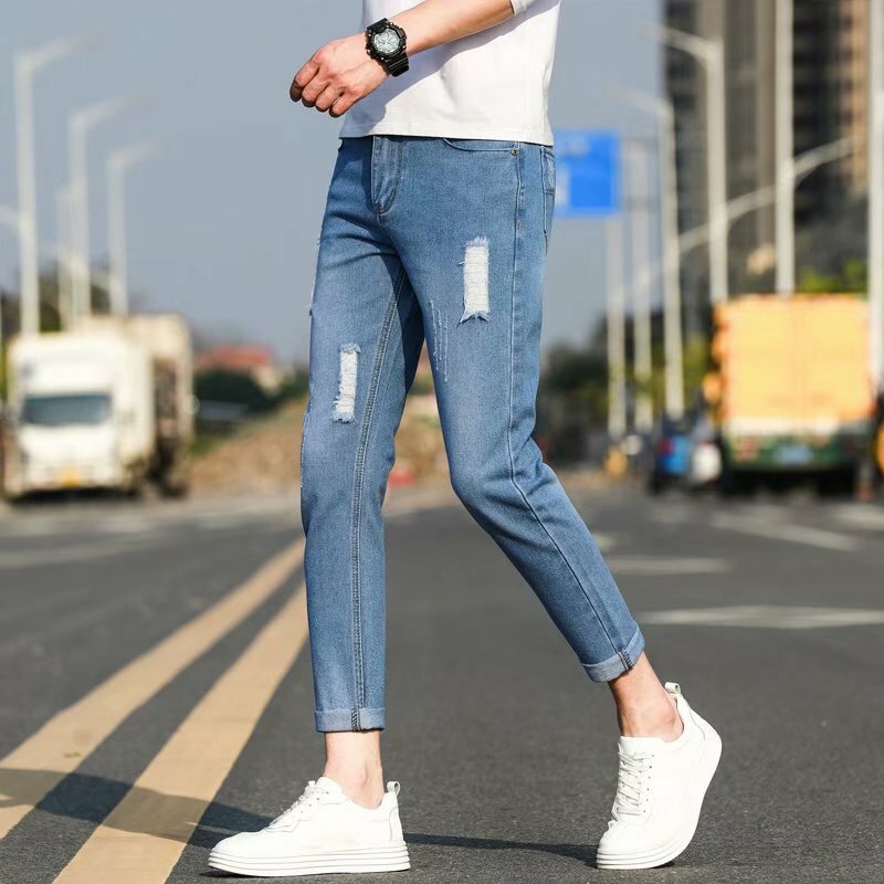 Весна-Осень 2022 мужские Модные джинсы в гонконгском стиле с вырезами корейские брюки до щиколотки Летние Новые повседневные брюки