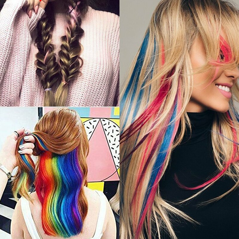 AOSI-extensiones de cabello sintético para mujer y niña, mechones de pelo largo y liso de color rosa con rayas de arcoíris, Clip en una pieza
