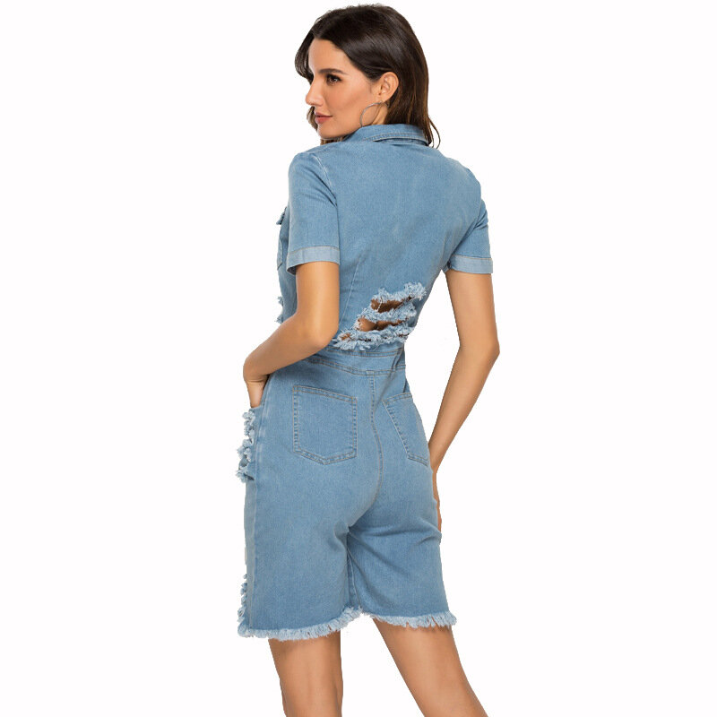 Lato 2020 kombinezony dla kobiet przycisk denimowe fartuchy garnitury zepsuty otwór Femme Jean kombinezon dla pań DD2447