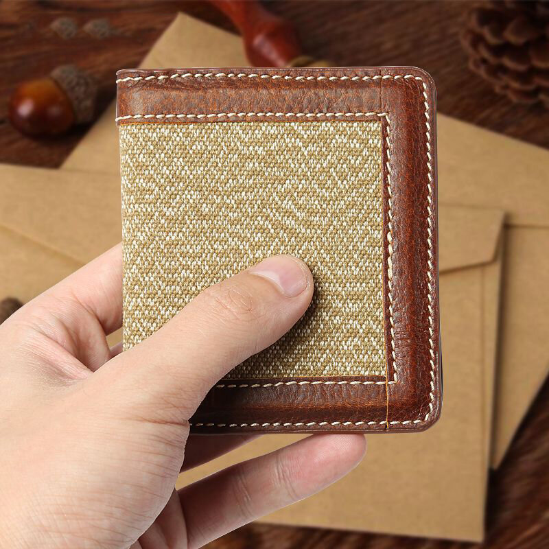 ZOVYVOL Men New Cow Leather Canvas Card Wallets Coin Purse Card Holder Men Clutch Ultra-Thin Wear-Resistant Retro Wallets