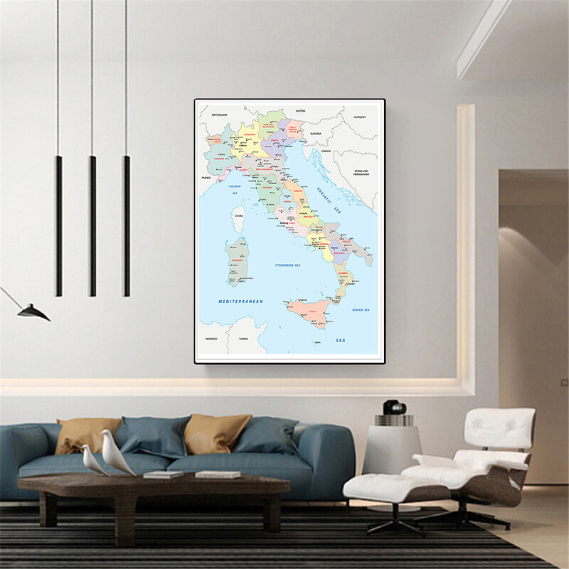Affiche d'art mural moderne de la carte politique de l'italie, toile de peinture, décoration de salle de classe, fournitures scolaires en italien, 60x90cm