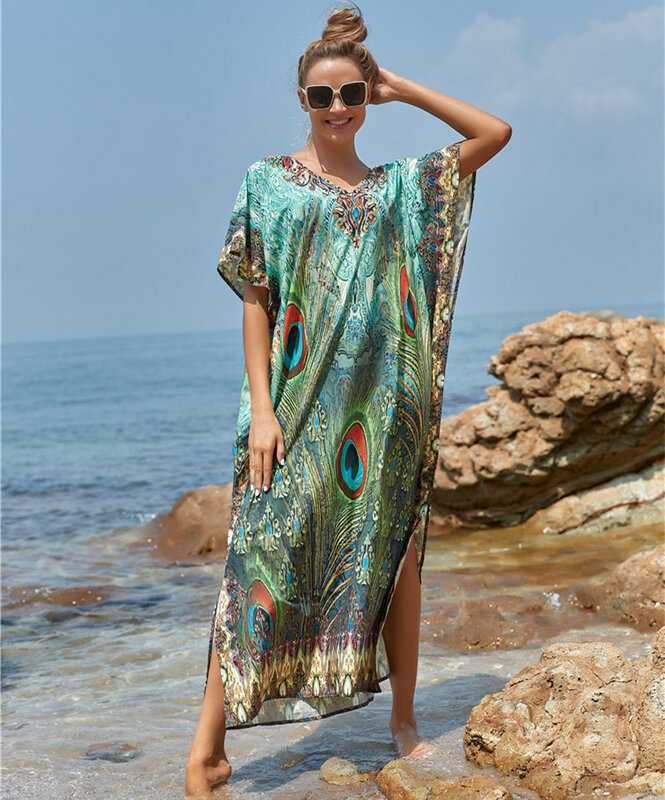 Capa de biquíni de secagem rápida impressão de penas de pavão com decote em v praia de verão túnica mulher beachwear kaftan robe de plage