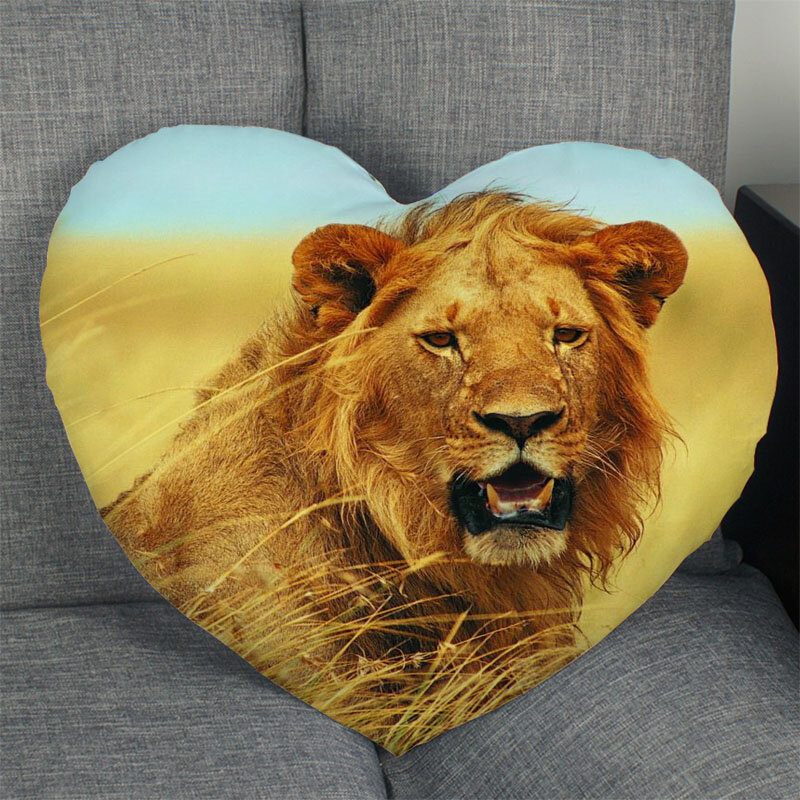 Venda quente leão animal travesseiro caso em forma de coração zíper capa de almofada cetim macio não desvanecer fronhas têxteis para casa decorativo