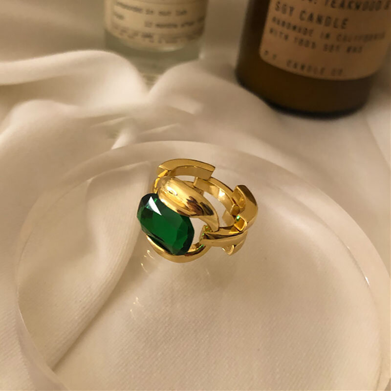 Cincin Pesta Perak Murni 925 Hadiah Perhiasan Pengantin Elegan Batu Hijau Antik Berlapis Emas Prancis untuk Wanita Pasangan