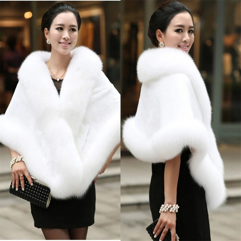 Mantel Pernikahan Musim Dingin Penutup Bulu Palsu Pengantin Besar Pakaian Luar Syal Hangat Jaket Wanita Bahu Biru Hitam Putih Ukuran Prom 165*55 Cm