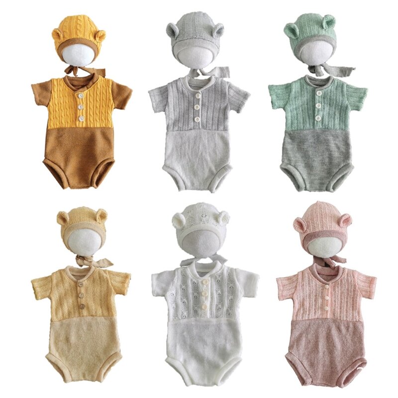 2Pcs Neugeborenen Fotografie Requisiten Anzug Spitze Strampler Hut Set Strick Outfits Kleidung Kleinkinder Schießen Foto Geschenke