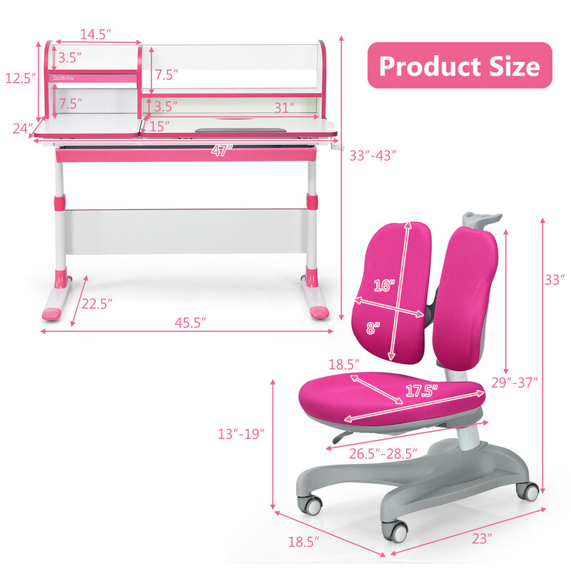 Honeyjoy-mesa ajustável e cadeira Set for Kids, mesa de estudo com estante, rosa