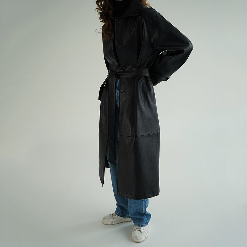 QOERLIN-gabardina larga de piel sintética negra, abrigo con solapa, temperamento, largo, fajas, otoño e invierno, novedad de 2021