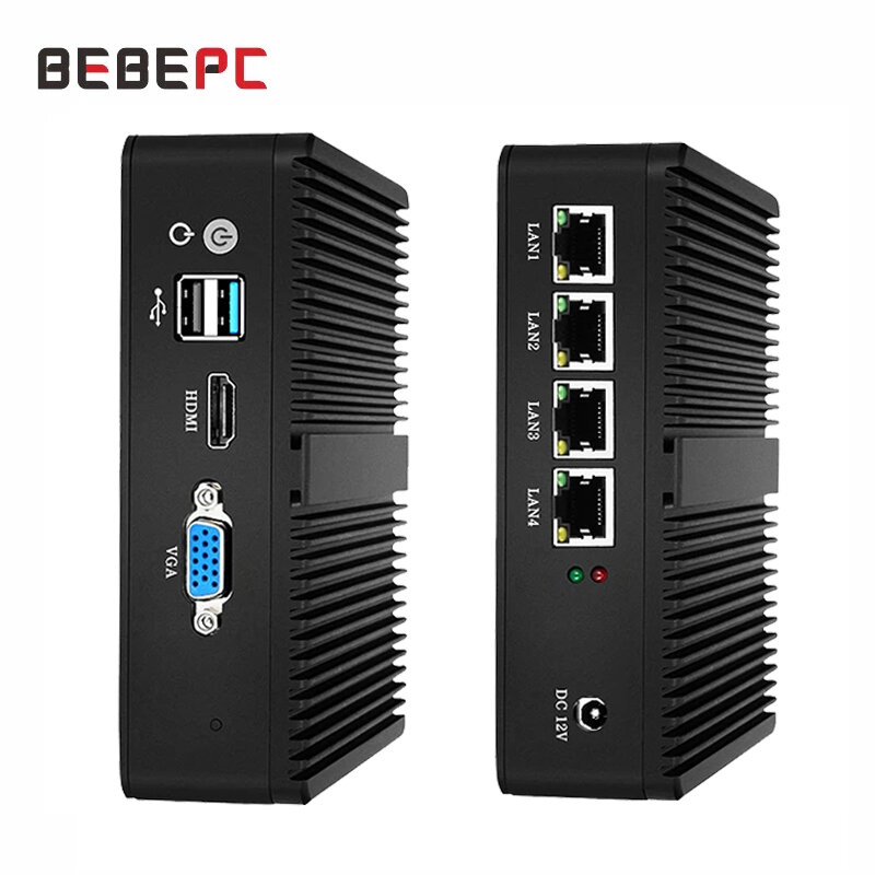Mini PC Server senza ventola Firewall Intel Celeron J1900 J4125 4LAN Gigabit Ethernet Mini Computador Windows 10 PfSense Linux Router