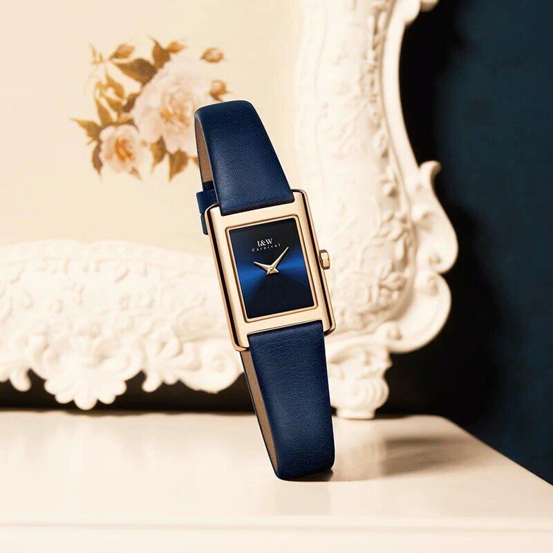 I & W-Reloj cuadrado de moda para mujer, accesorio de oro, movimiento de cuarzo suizo, zafiro, correa de cuero impermeable, 2021