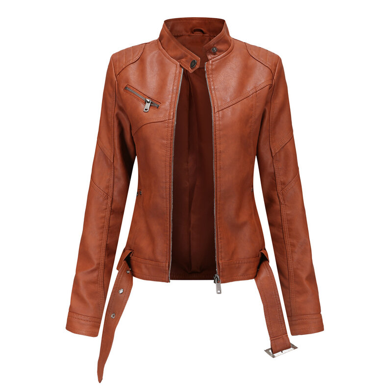 Abrigo de cuero sintético para mujer, chaqueta de manga larga con cinturón, prendas de vestir Punk para motociclista, primavera y otoño, novedad
