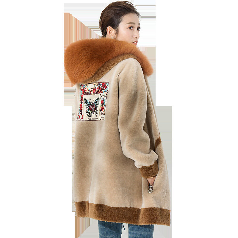 Abrigo de piel auténtica con capucha para mujer, chaqueta de lana 100%, talla grande, cuello de piel de zorro coreano, abrigo suelto para mujer