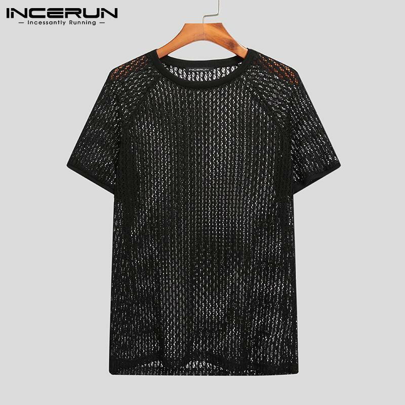 2023 Men T Shirt Solid Color Hollow Out See Through Streetwear Short Sleeve O Neck Tops Vacation Casual Sexy Camisetas INCERUN