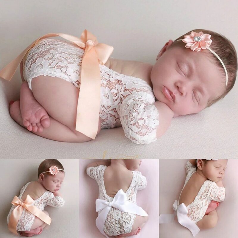 Baby pagliaccetto Deep V Backless Newborn Photo photography puntelli pizzo Toddler Hollow Bow-knot Design Fotografia accessori