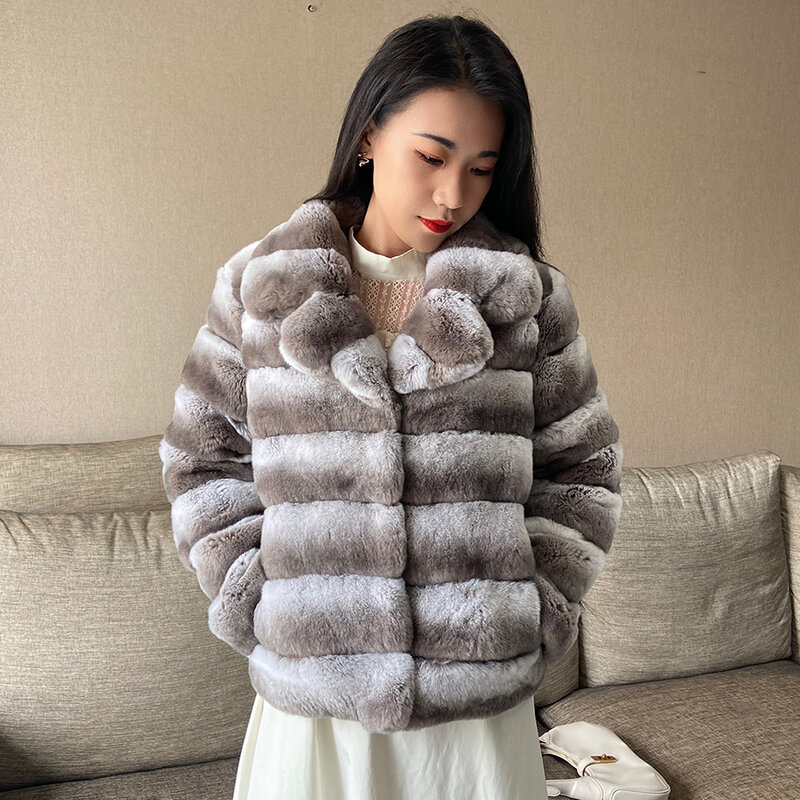 Mantel bulu penjualan terbaik untuk wanita jaket bulu kelinci Rex alami mantel warna Chinchilla mewah hangat musim dingin
