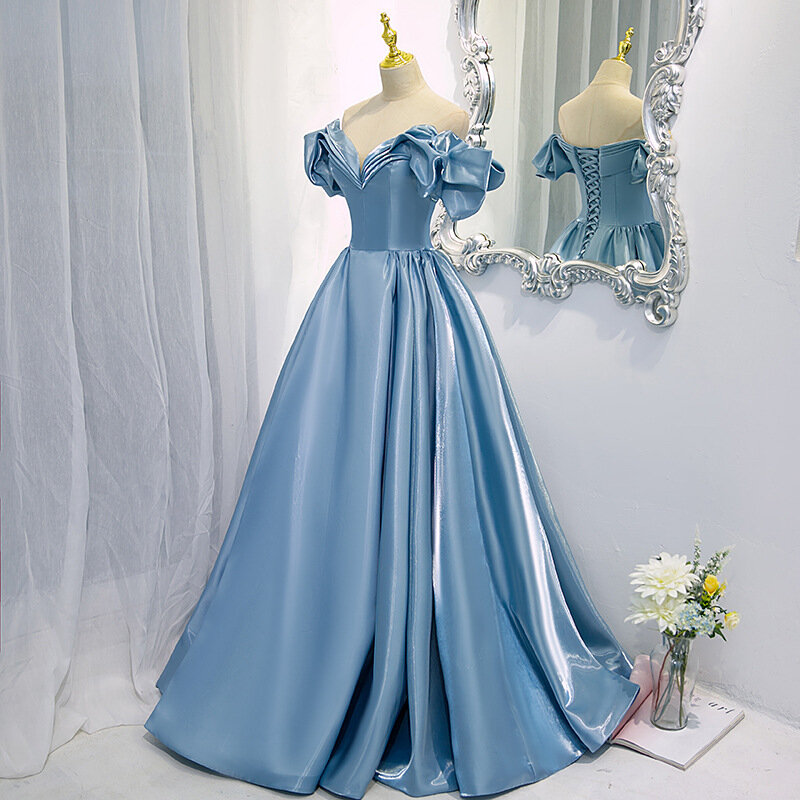 Azul estilo francês formal vestidos de baile sem alças sem mangas arco ruched magro vestidos de festa a linha floor-length vestidos graciosos