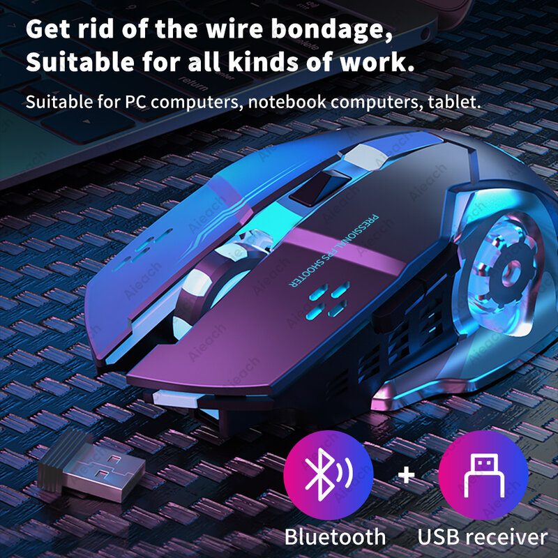 Ratón inalámbrico recargable para juegos, Mouse silencioso con Bluetooth, USB, mecánico, e-sports, retroiluminación, PC