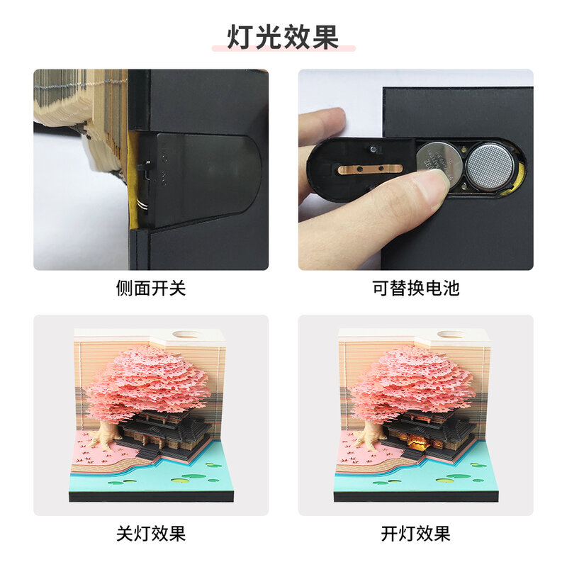 Omoshiroi 블록 3D 메모장 큐브 190 시트, 나무집 LED 메모 패드, 3D 달력 성 메모지, 크리스마스 새해 선물 2024