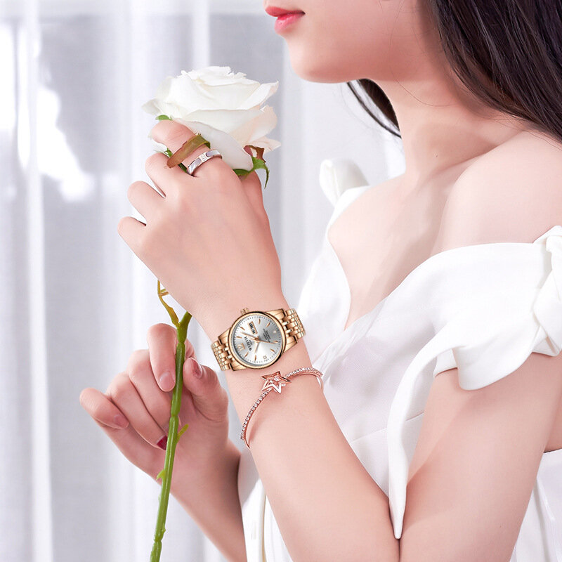 Wlisth Top Marca Mulheres Assista Tungstênio Aço Relógios Amantes Presente Rose Gold Chinês-Inglês Calendário Quartz Relógio À Prova D 'Água