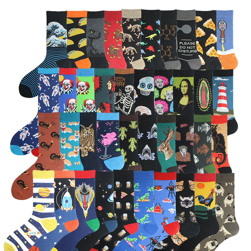 Happy Colorful Funny Socks uomo Skateboard Shark Dinosaur Astronaut Planet Divertidos Hip Hop Sokken Harajuku Unisex Crew Socks