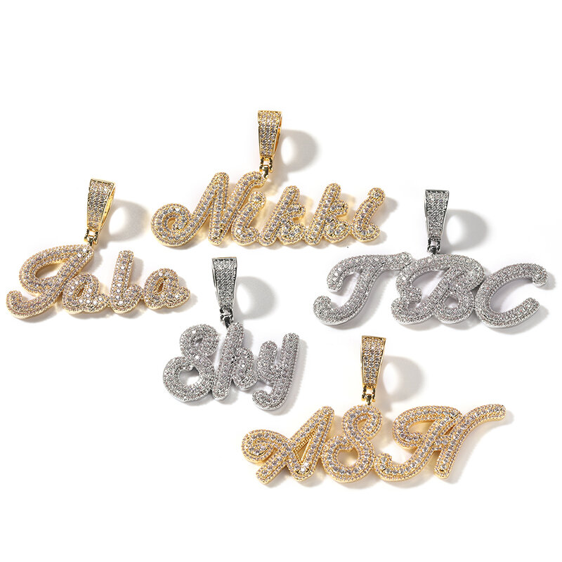 THE BLING KING Custom Small Size Brush Script Letter Two Tone Pendant Micro Paved Baguettecz Chain Necklace Hiphop Jewelry