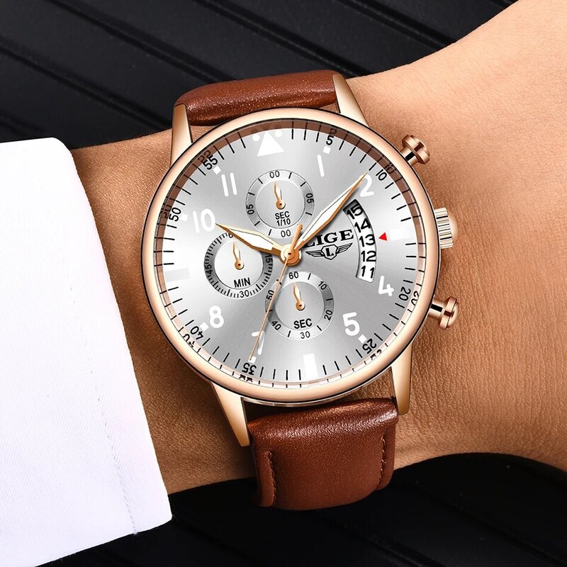 Relogio Masculino LIGE New Men Watch Top Brand Brown Leather Chronograph Waterproof Sport Automatic Date Quartz Watches For Men