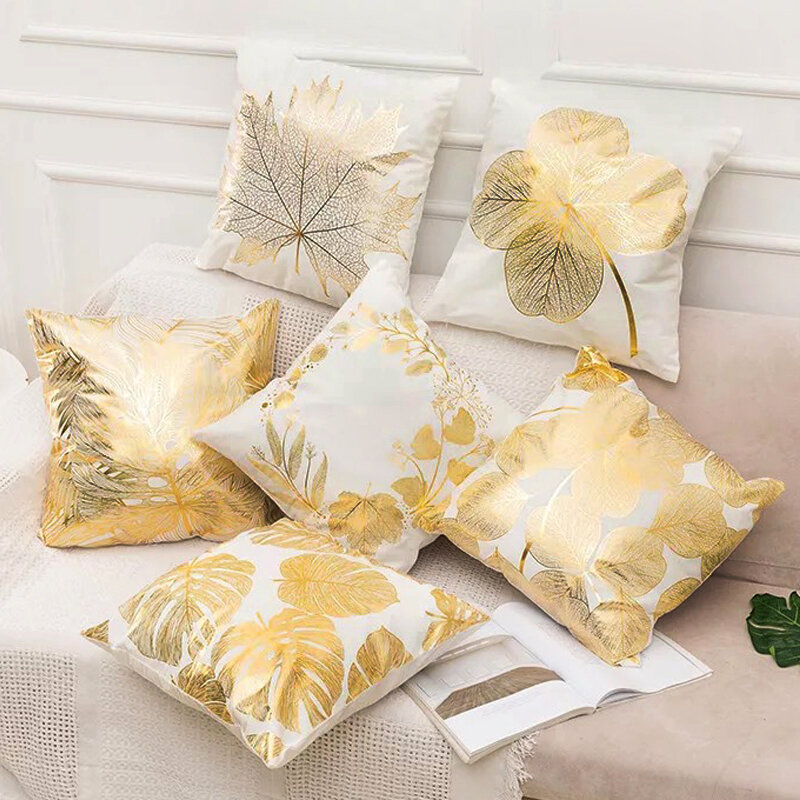 Fronha de algodão com estampa de folhas douradas, capa de almofada decorativa para casa, almofadas para sofá, assento, capa de almofada de lance