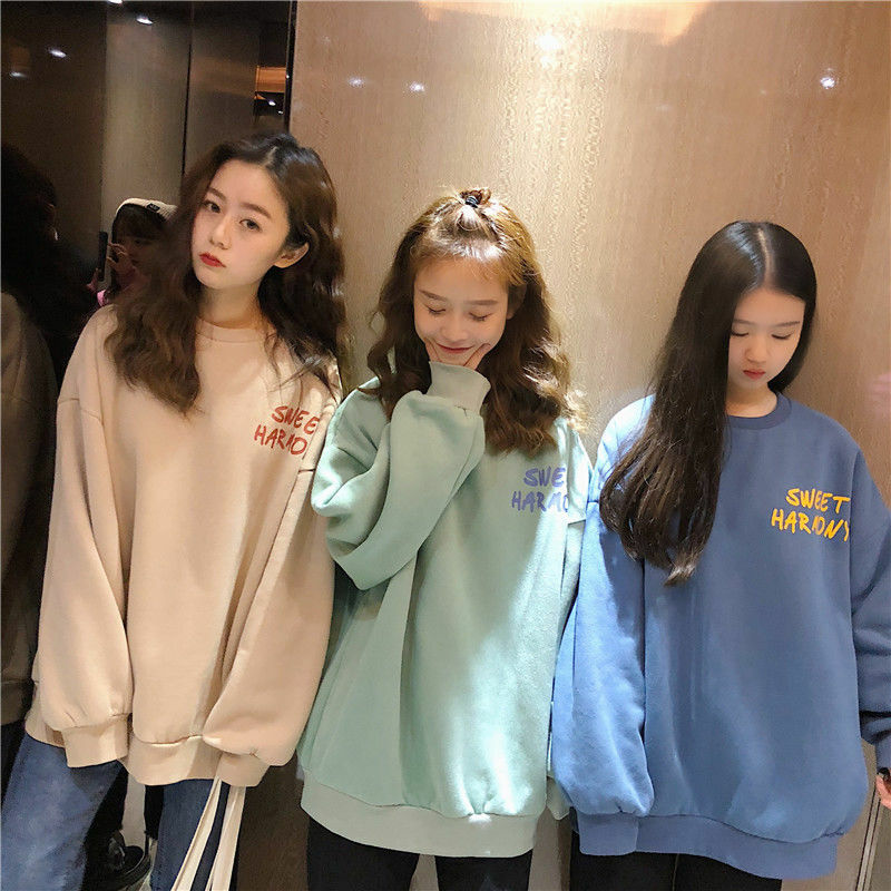 Plus Fluwelen O-hals Sweatshirt Vrouwen Lange Mouwen Koreaanse Stijl Losse Dikke Jas Streetwear Harajuku Hoodie Winter Truien