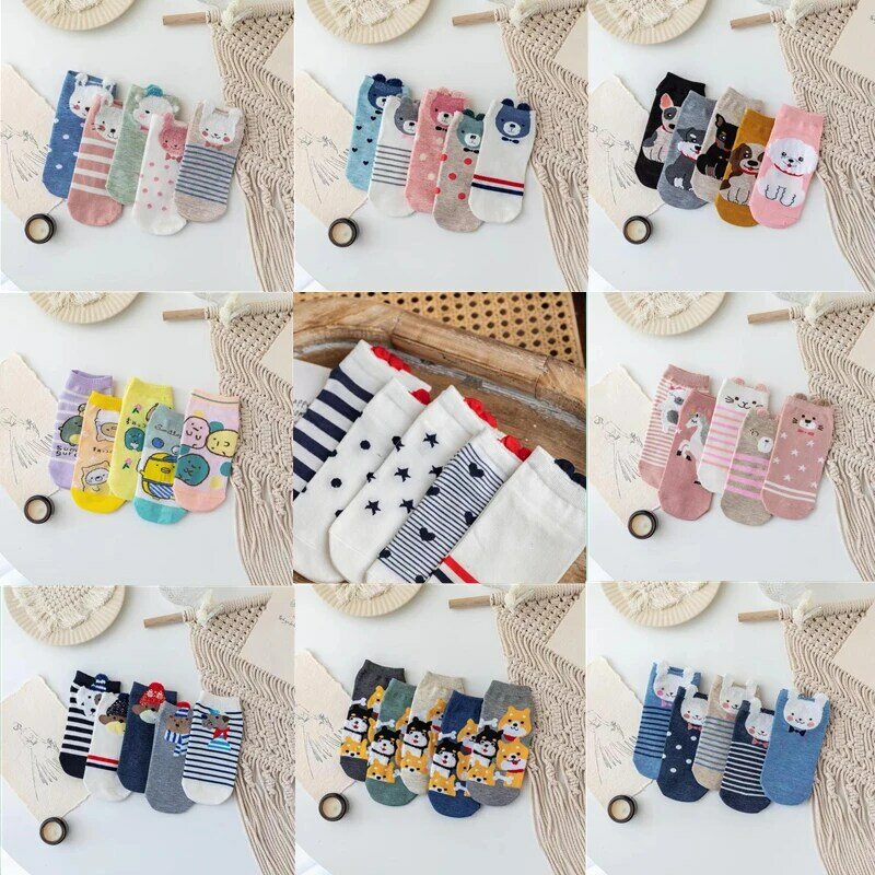 5 pairs of kawaii cartoon boat socks Harajuku funny cat bear rabbit dog penguin cute animal spring and summer woman short socks