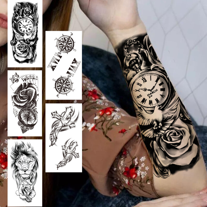 Tatuajes temporales de media manga con brújula para hombres y mujeres, pegatina de tatuaje de Cruz Negra para adultos, tatuaje de León falso realista, flor de reloj de pájaro