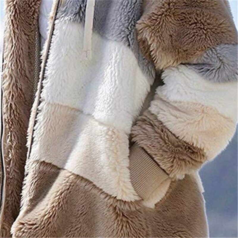 Vrouwen Warm Hooded Jas Winter Rits Casual Patchwork Losse Jas Fashion Faux Fur Parka Fleece Trekkoord Plus Size Jas